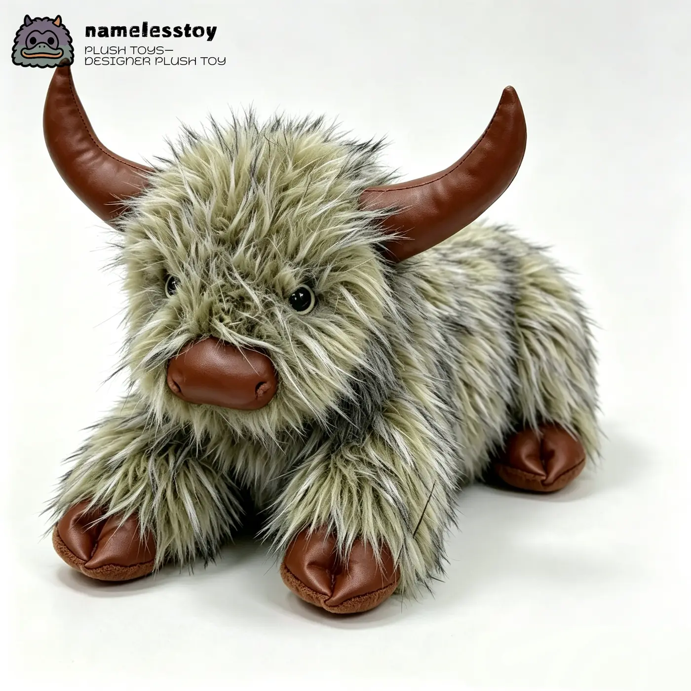 Realistic highland cow plush with shaggy fur and leather-look horns on a white background
