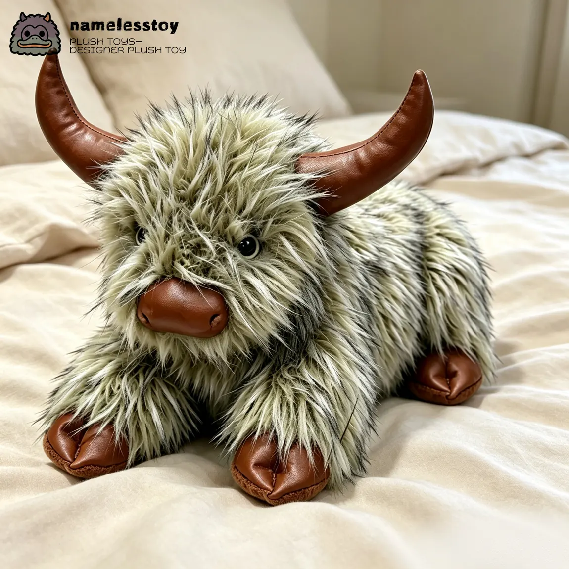 Highland cow plush resting on a bed, showing its heavy low stance