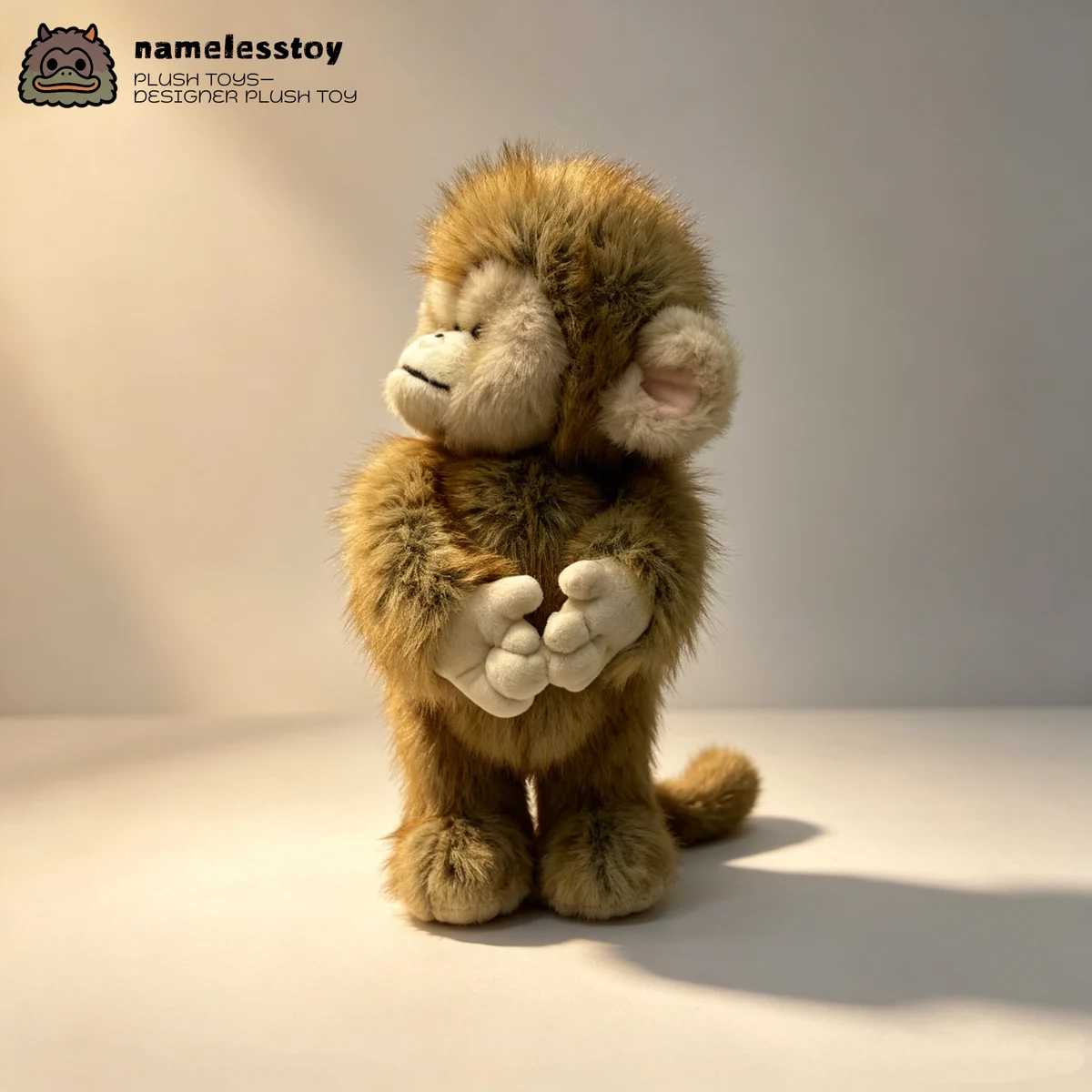 Macaque plush with eyes closed and hands held together