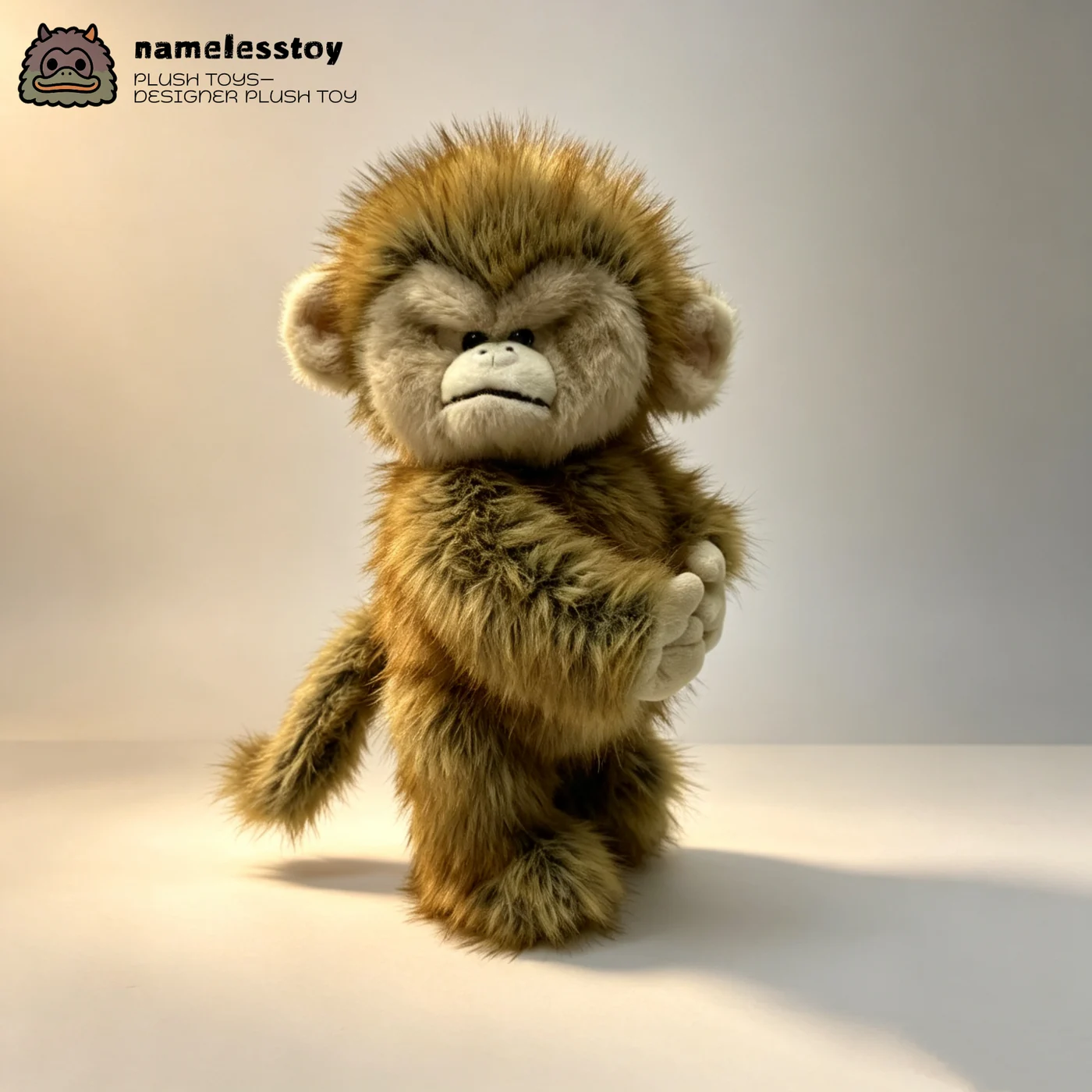 Realistic macaque monkey plush standing upright with a hand-shaded face